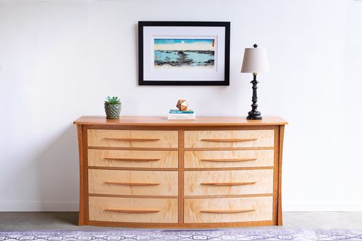 Custom Made Curved Solid Wood Dresser For Bedroom In Cherry And Curly Maple "Savanna"