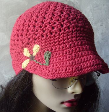 Custom Made Brimmed Beanie/Newsboy Hat W/Hand Embroidered Flower - Country Red