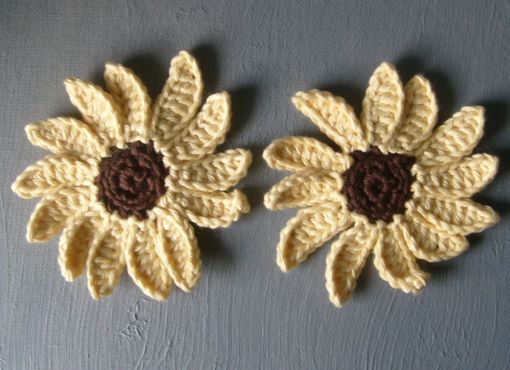 Custom Made Crocheted Sunflower Embellishments / In Yellow And Brown