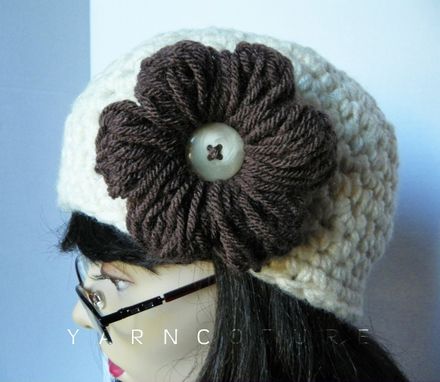 Custom Made The Chunky Cloche/Beanie/Crochet Hat W/ Crochet Puff Flower,Cream,Spring,Summer,Fall,Winter Fashion