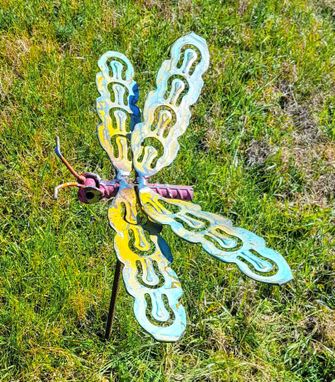 Custom Made Small Dragonfly Garden Stake Outdoor Sculpture By Raymond Guest