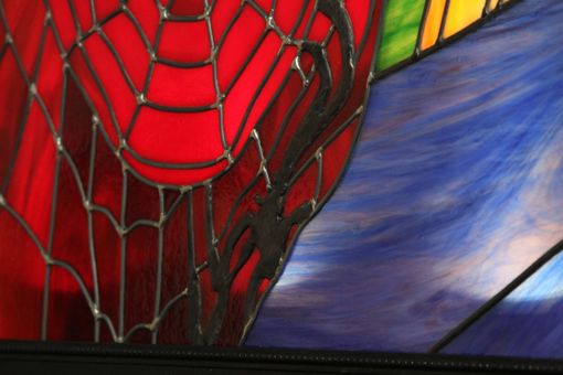 Custom Made Spiderman Leaded Stained Glass Art. Back Lit With Frame.