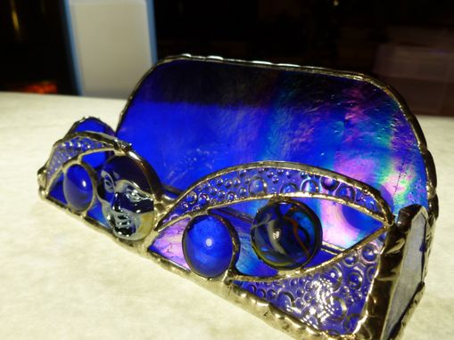 Custom Made Blue Iridescent Moon Face Stained Glass Business Card Holder