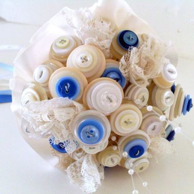 Custom Made Cream And Blue Buttons Bridal Bouquet