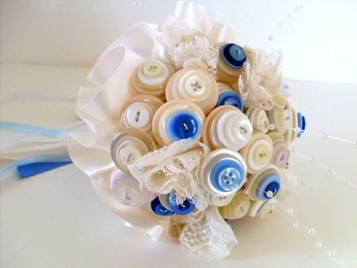 Custom Made Cream And Blue Buttons Bridal Bouquet