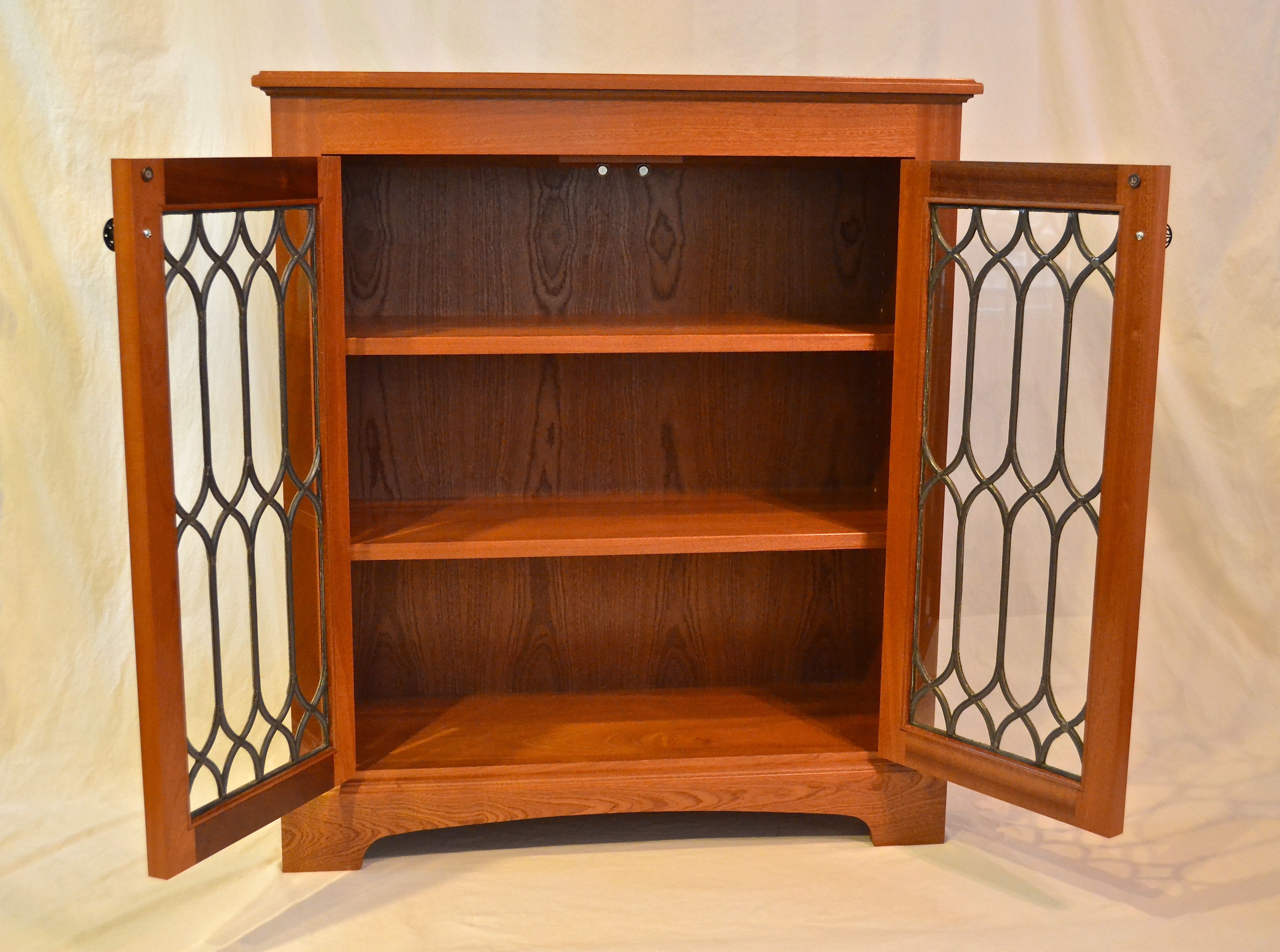 Hand Crafted Sapele Bookcase With Reclaimed Leaded Glass Doors by White Dove Woodworking Llc