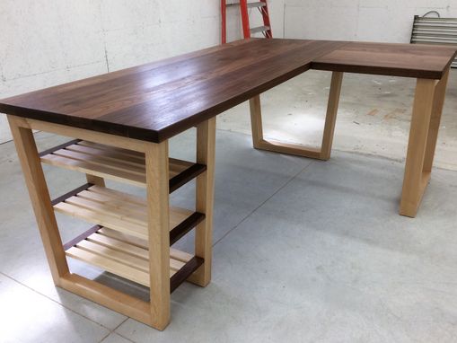 Custom Made Maple And Walnut Desk With Open Shelving And Repositionable Return