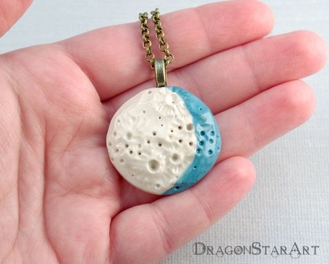 Custom Made Porcelain Moon Pendant Necklace, Carved Ceramic Moon Necklace In White And Turquoise