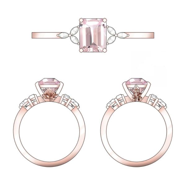 Delicate leaf-like diamonds surround a stunning emerald cut morganite engagement ring.