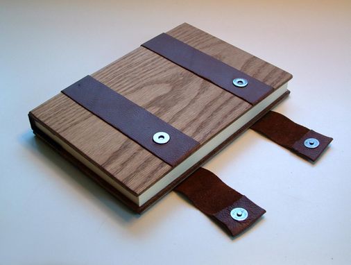 Custom Made Book Bound In Wood And Leather, Cream-Color Lined Pages, Closes With Magnetic Snaps.