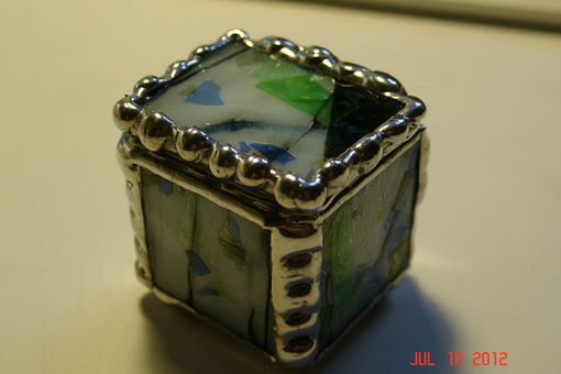 Custom Made 1 X 1 X 1 Tiny Ring Stained Glass Box In Blue And Green Fractured Glass