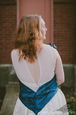 Custom Made Ashley - Upcycled Vintage Alternative Ivory Satin Wedding Dress With Beaded Blue Brocade Sash