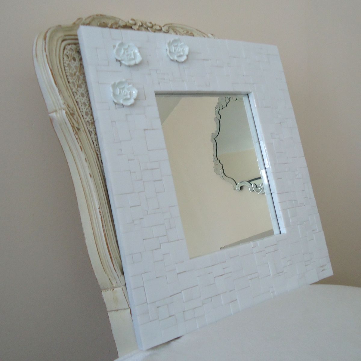 Buy Custom Made Mosaic Decorative White Wall Mirror With 3 Flowers, made to order from Live In