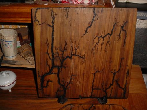 Custom Made Captured Lighting On An Oak Commode Seat, High Voltage Wood Carving