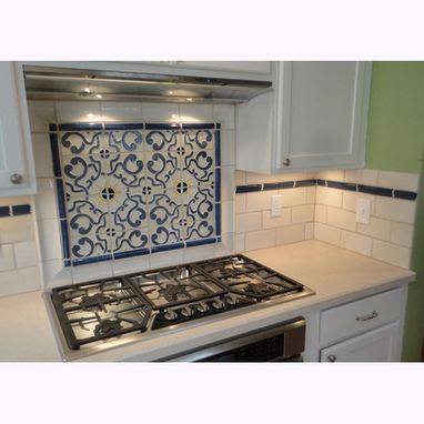 Custom Made Stoneware Tile Backsplash With Blue & Gold Centerpiece