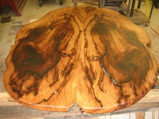 Custom Made Mesquite Oval Table Top With Turquoise Inlay