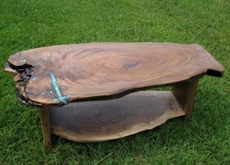 Custom Made Figured Walnut Crotch Slab Coffee Table With Shelf