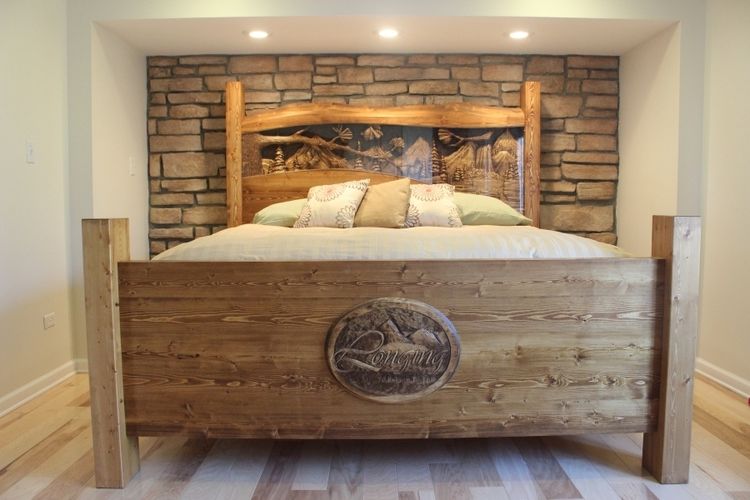 Hand Made King Size Headboard Footboard Waterfall Pine Forest Hand Made King Size Headboard Footboard Waterfall Pine Forest Scene Carved By Scott Lazy River Studio Custommade Com