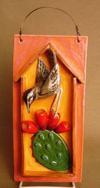 Custom Made Cactus Wren With Prickly Pear Fruit 3-D Tile Wall Decor, Ready To Ship.
