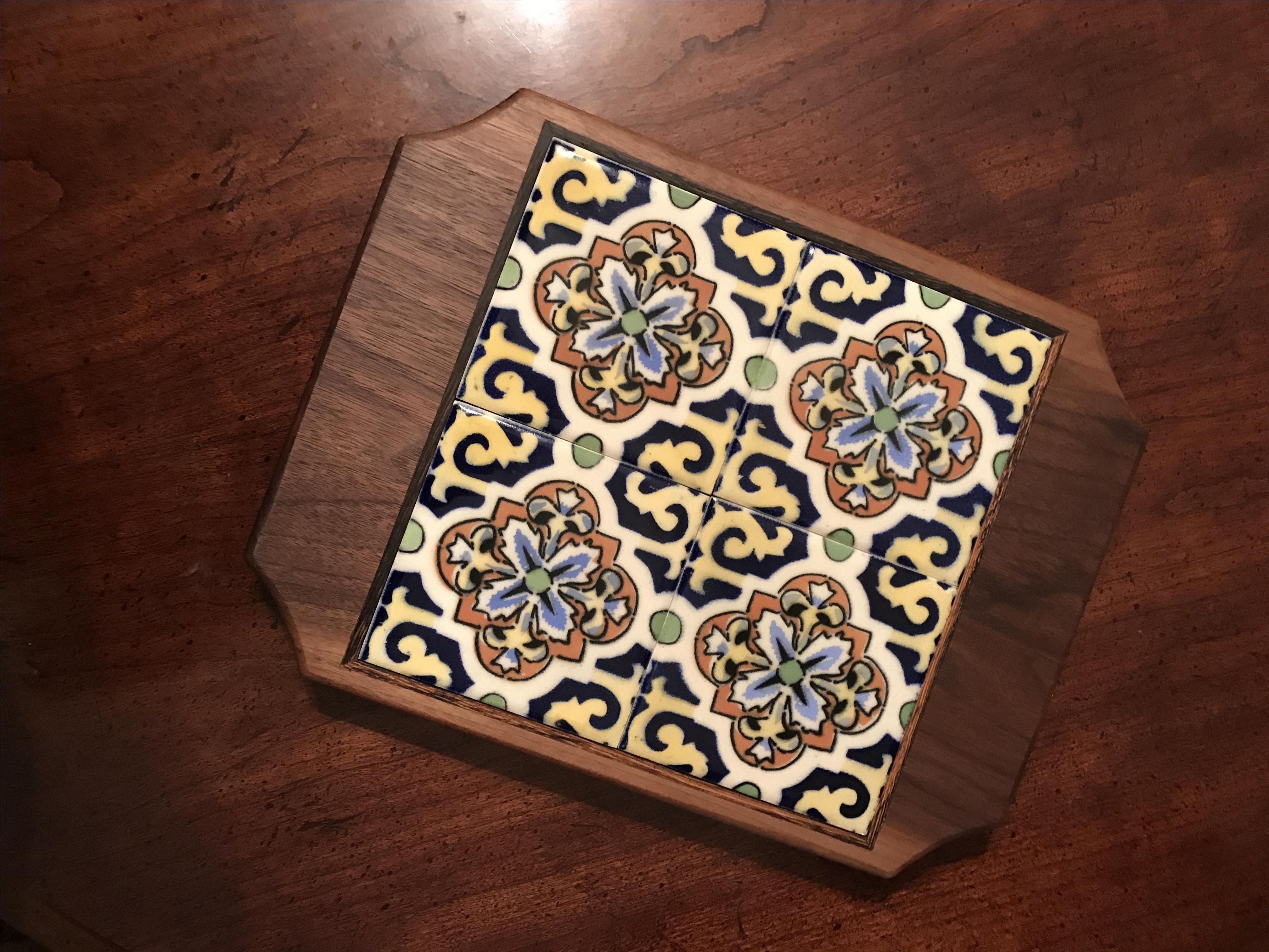 Hand Crafted Walnut Trivet W/ Wenge Inlay And Repurposed Tiles by