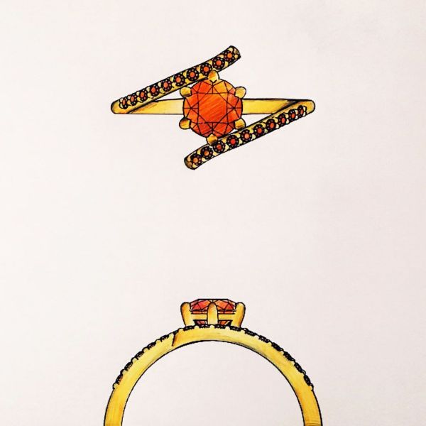 Concept sketch for a modern bypass ring with a rich orange citrine center stone.