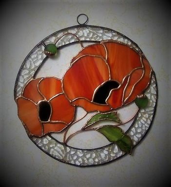 Custom Made Orange Poppies - Round Stained Glass Panel/ Sun Catcher With 3d Leaves And Buds