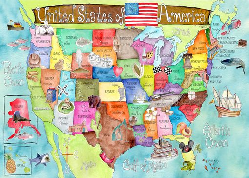 Custom Made Children's Illustrated Watercolor Art United States Light Turquoise Map