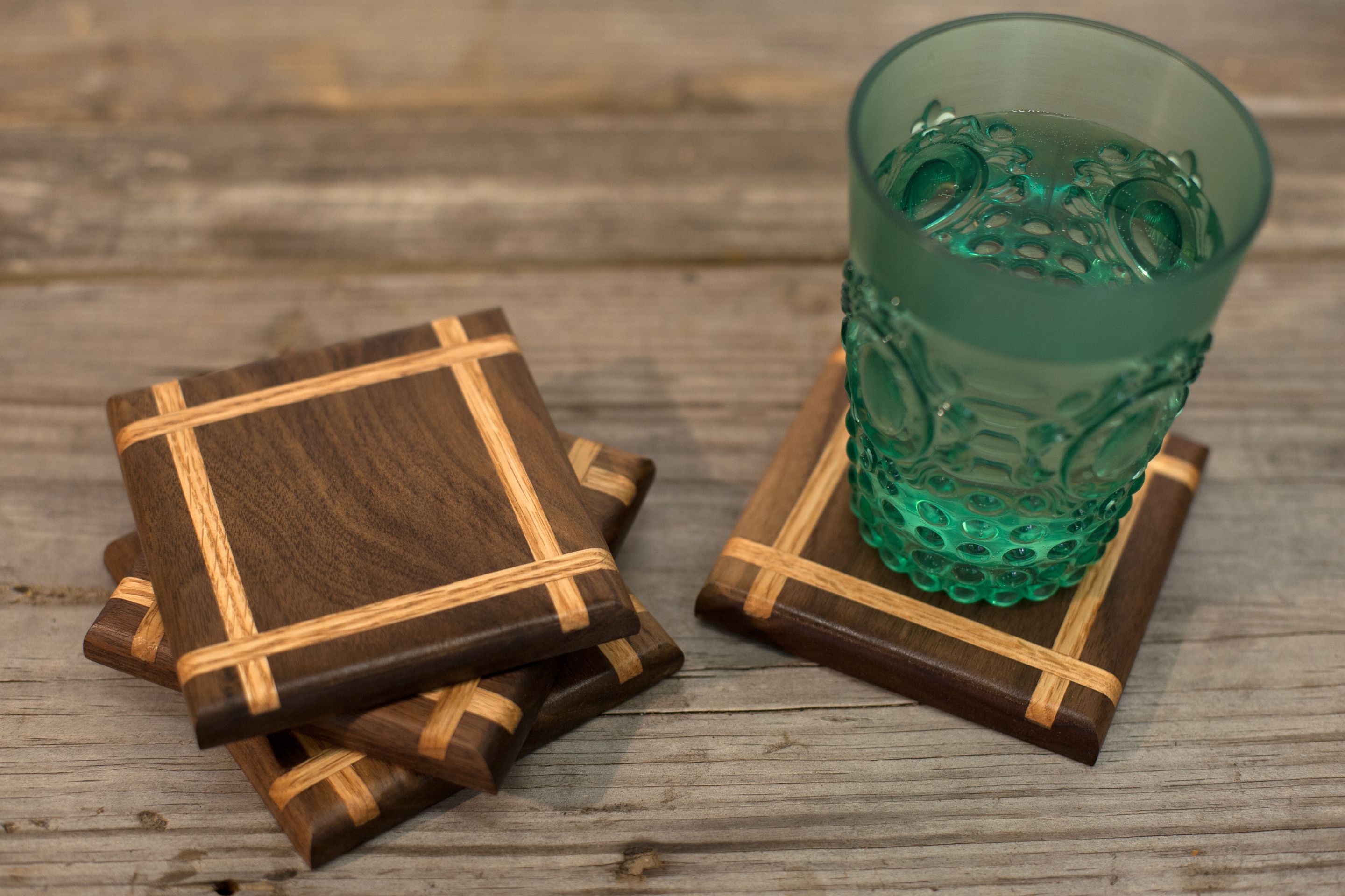 Handcrafted Rustic Oak Drink Coaster Set, Carved Home State Design