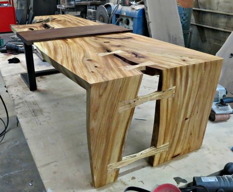 Custom Made Elm And Steel Coffee Table With Removable Walnut Serving Tray.
