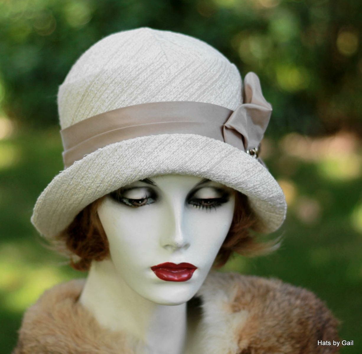 Hand Crafted 1920'S Cloche Hat In Ivory And Taupe Heavy Textured Fabric ...