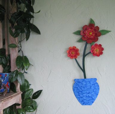 Custom Made Flower Wall Art Sculpture Large Metal Camellia Vase Reclaimed Metal Kitchen Decor Orange Red Blue
