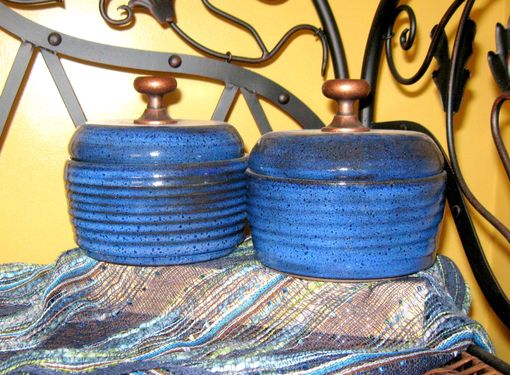 Custom Made Two Indigo Blue Stoneware Canisters/Bread Crocks