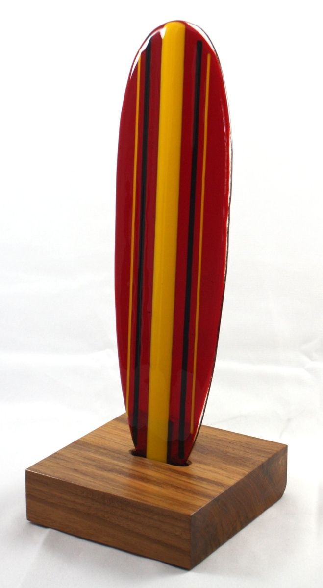 Custom Red Glass Longboard On Teak Base by J.M. Fusions LLC