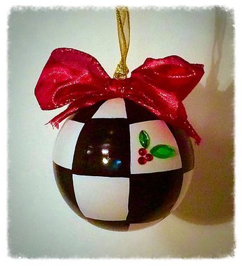 Custom Made Christmas Tree Ornament // Whimsical Painted Ornament Checks // Black And White Ornament