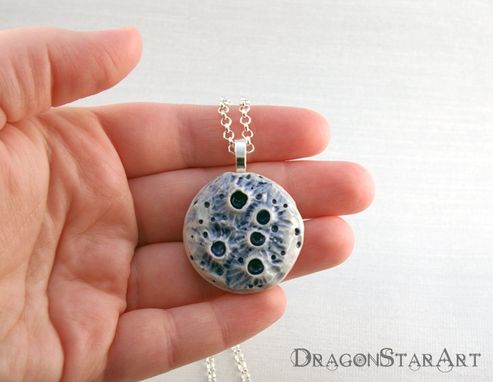 Custom Made Moon Pendant Necklace, Carved Porcelain Moon Necklace In Blue