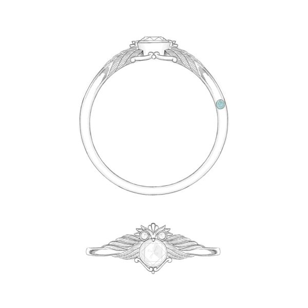 Our team's design sketch for this sculptural owl engagement ring.