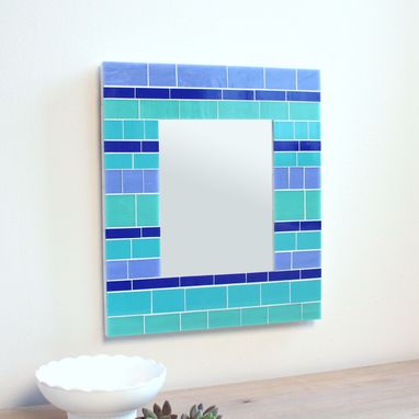 Custom Made Glass Mosaic Wall Mirror In Blue Stained Glass Tiles