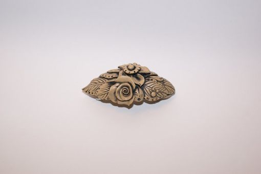 Custom Made Barrette, Hand Sculpted Beige Khaki Polymer Rose Flower Leaves