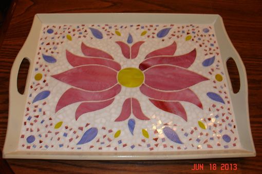 Custom Made Mosaic Stained Glass Serving Tray With Pink Flower