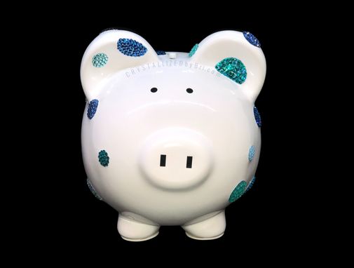 Custom Made Blue Polka Dot Crystallized Piggy Bank Boys Newborn Bling European Crystals