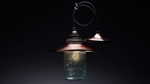 Custom Made Hand-Spun Copper Pendant Light With Vintage Mason Jar Globe