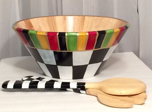 Custom Made Painted Bowl//Wooden Salad Bowl Hand Painted With Matching Utensils//Decorative Bowl