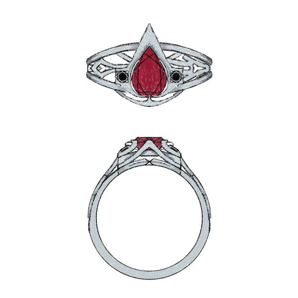 This Assassin’s Creed inspired engagement ring hides two hidden blades next to the garnet Mozambique center stone.