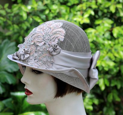 Custom Made 1920s Vintage Style Summer Cloche Wedding Hat Pearls Sequins Lace