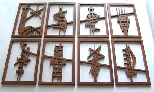 Custom Made Mahogany 8-Panel Mid-Century Modern Fretwork Collage "Googie Signs 4"