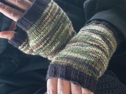 Custom Made Hand Knit Fingerless Gloves For Men / In Green And Black Camouflage