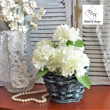 Custom Made Black And Teal Rope Wrapped Basket With White Carnations