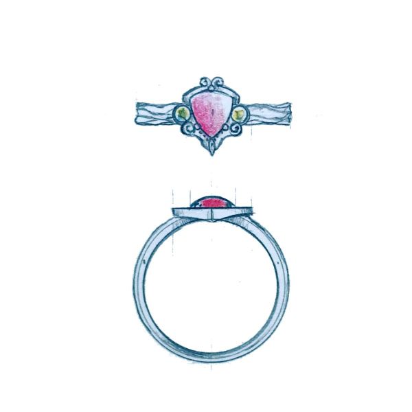 Vintage appeal charms us in this trillion cut ruby engagement ring inspired by Jojo’s Bizarre Adventure.