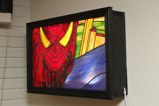 Custom Made Spiderman Leaded Stained Glass Art. Back Lit With Frame.