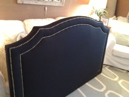 Custom Made Notched Upholstered Headboard, Navy Linen, Antiue Brass Nailhead